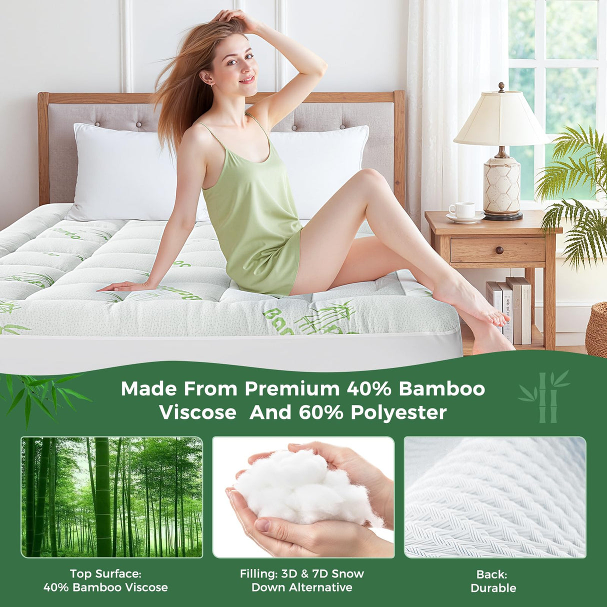 HYLEORY Mattress Topper Queen Size - Bamboo-Viscose Plush Pillow Top Mattress Pad, Thick Mattress Protector Cover Breathable Fluffy Soft Bed Topper with 8-21" Deep Pocket, Green HYLEORY