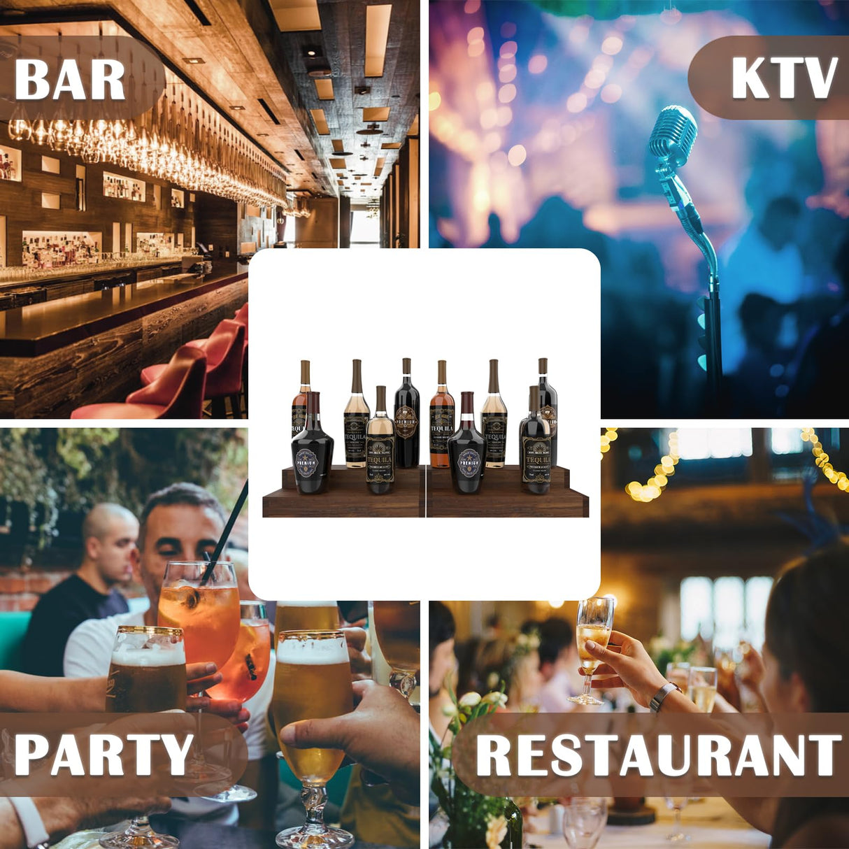 tongmo 2 pack Liquor Bottle Stand - 2 Tier Liquor Bar Bottle Display Shelf, Holds 16Bottles, Real Wood, Easy to Clean, No Installation Required - 15.8 Inch each (Dark Walnut) tongmo