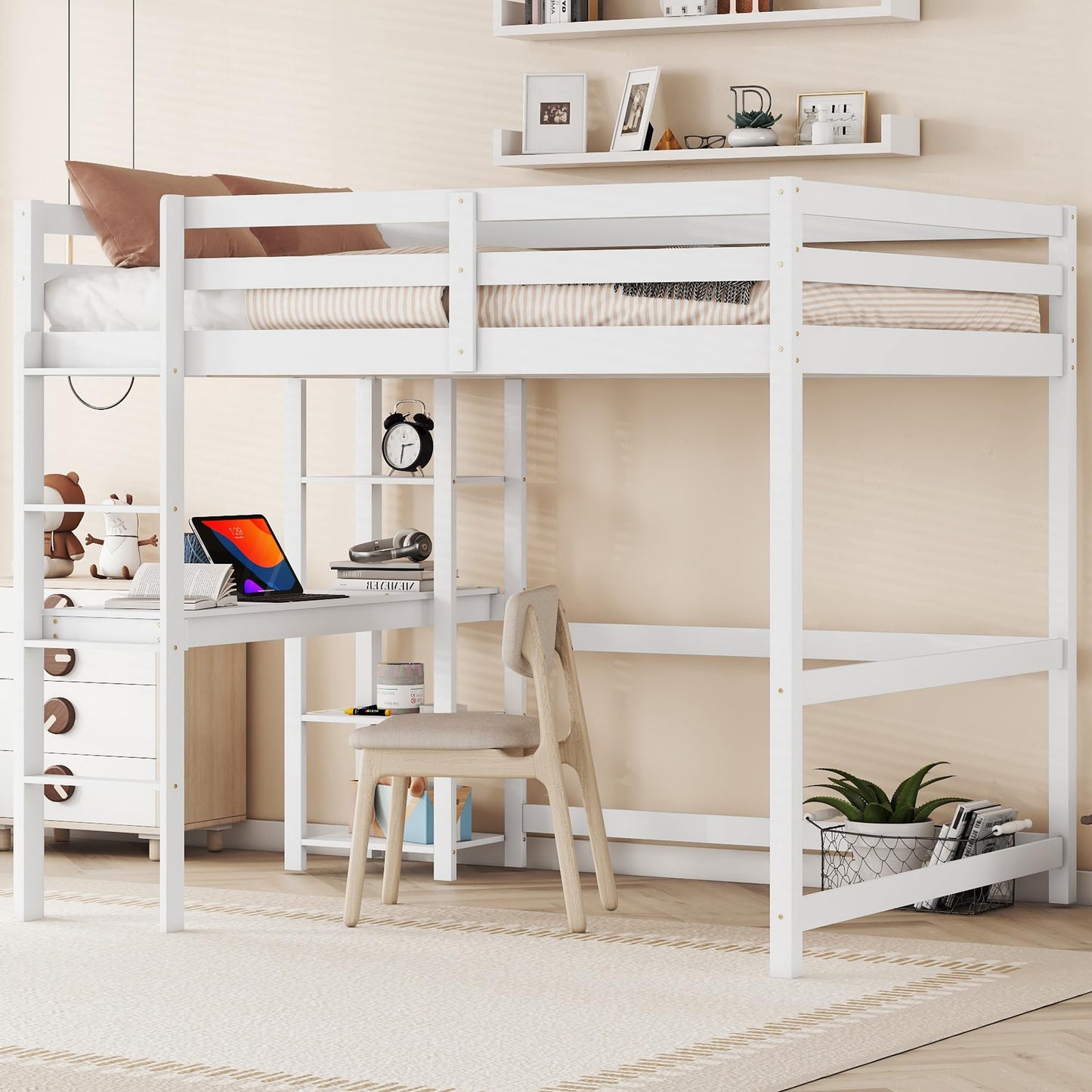 Bellemave White Full Size Loft Bed with Desk and Storage Shelves for Kids - WoodArtSupply