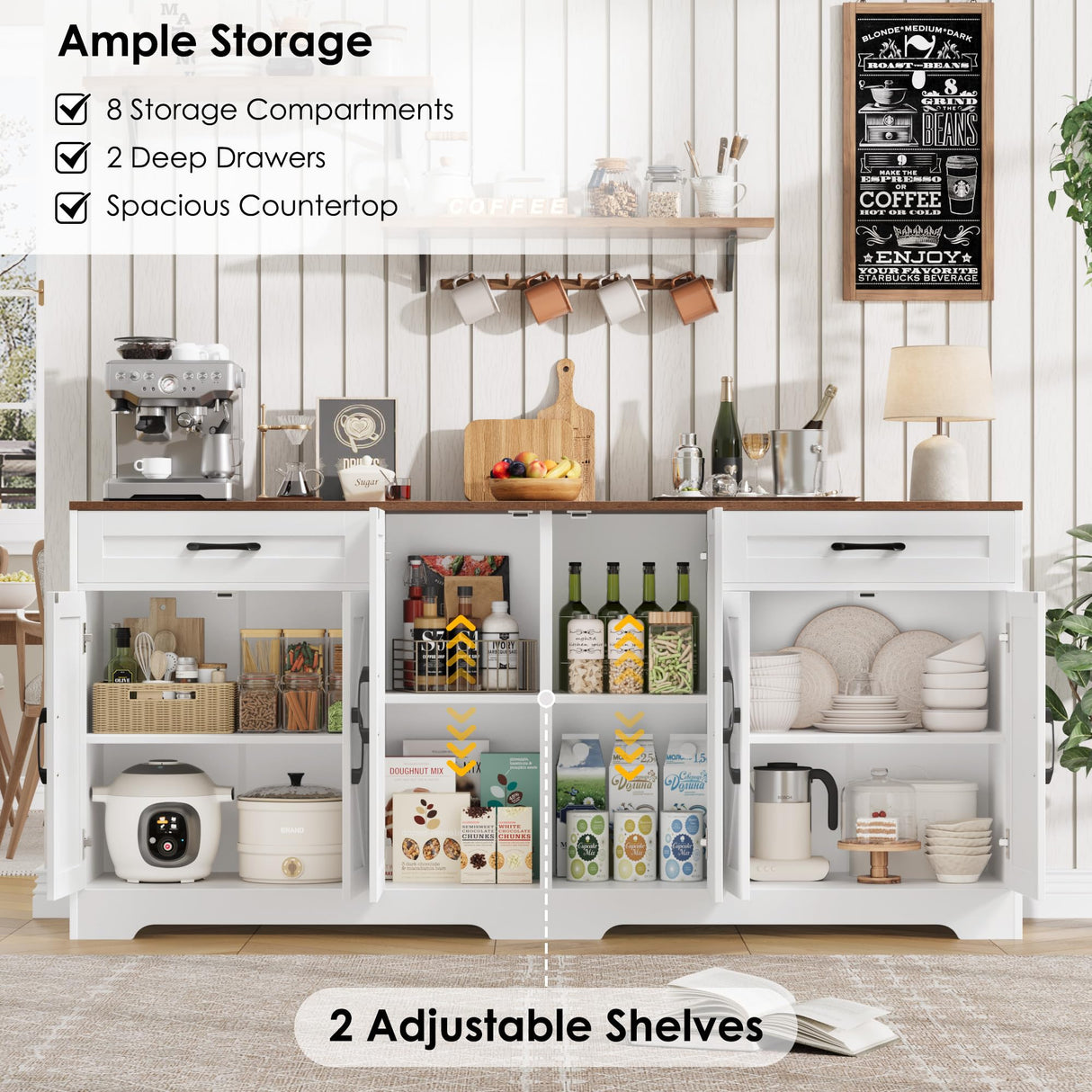 BOTLOG 71” Large Sideboard Buffet Cabinet with Storage, Farmhouse Kitchen Buffet Cabinet with Adjustable Shelves and 6 Barn Doors, Wood Coffee Wine Bar Console Table for Kitchen, Dining Room, White BOTLOG