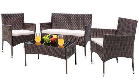 Greesum Patio Furniture 4 Pieces Conversation Sets Outdoor Wicker Rattan Chairs Garden Backyard Balcony Porch Poolside loveseat with Cushion and Glass Table, Brown and Beige Greesum