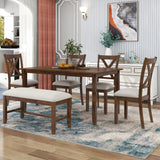 Harper & Bright Designs 6 Pieces Dining Table Set, Wooden Rectangle Table and 4 Chairs with Bench with Cushion, Kitchen Table Chairs Set for 6 Persons, Dining Room Set - Natural Cherry Harper & Bright Designs
