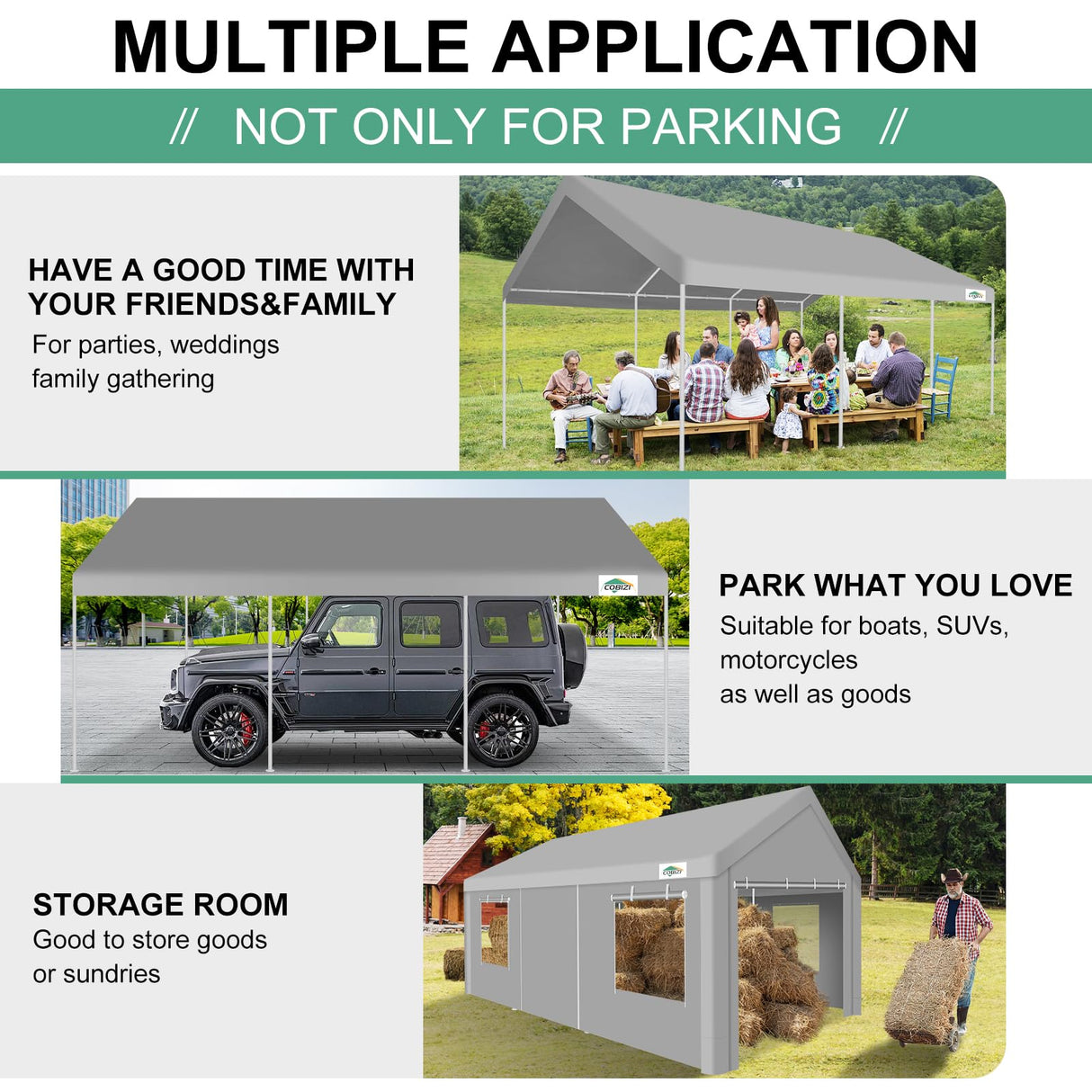 COBIZI Carport 12'x20' Heavy Duty Portable Garage, Upgraded Car Canopy with Built-in Sandbags, UV Resistant Waterproof All-Season Tarp, Car Tent for Truck, Boat, SUV, Gray COBIZI