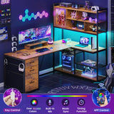 SEDETA L Shaped Computer Desk, 58'' Office Desk with 3 Drawers and Bookshelf, L Shaped Corner Desk with Storage Shelves and LED Light for Home Office, Gaming Desk, L Desk, Rustic Brown SEDETA