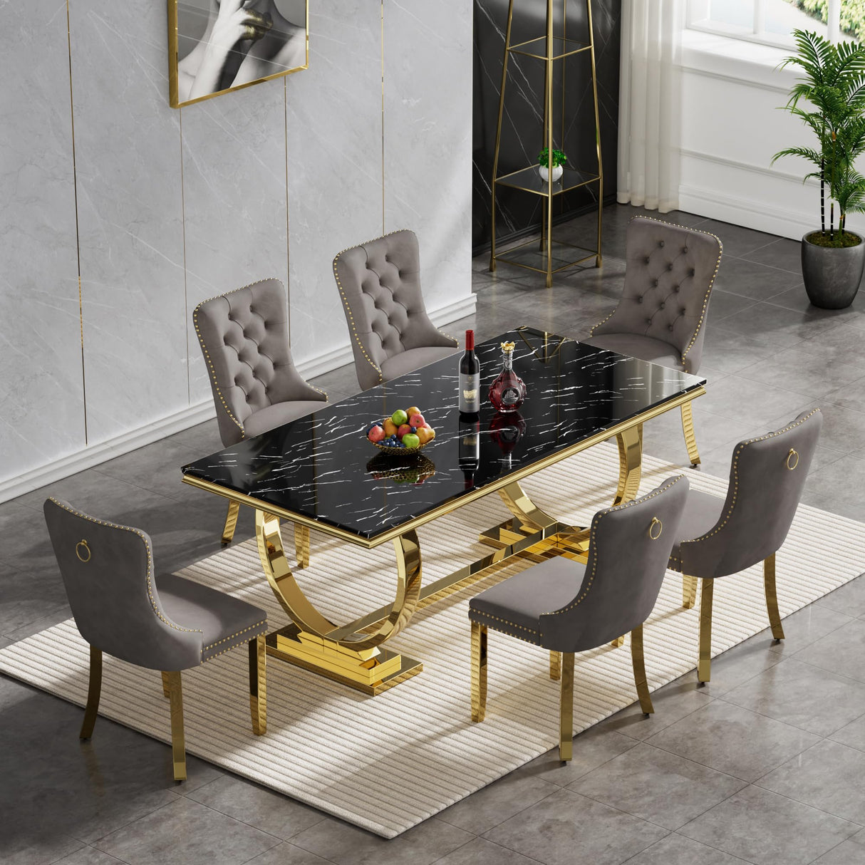 7-Piece Dining Table Set with 6 Grey Upholstered Chairs, 70" Black Gold Faux Marble Kitchen Table Set for 6, O-Shape Pedestal Dining Room Table Set for 6, Modern Dining Table Set for 6 Nimaolt