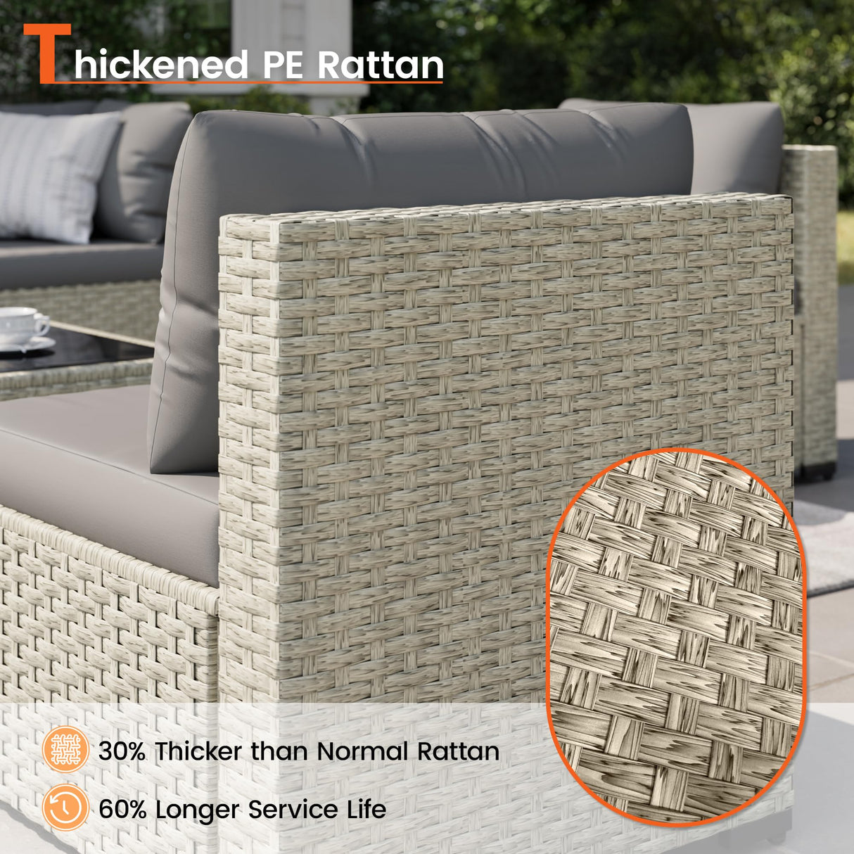 VONZOY Patio Furniture Set, 7-Piece Outdoor Sectional All-Weather Wicker Patio Conversation Set for Backyard (Grey Cushions with Grey Rattan) VONZOY