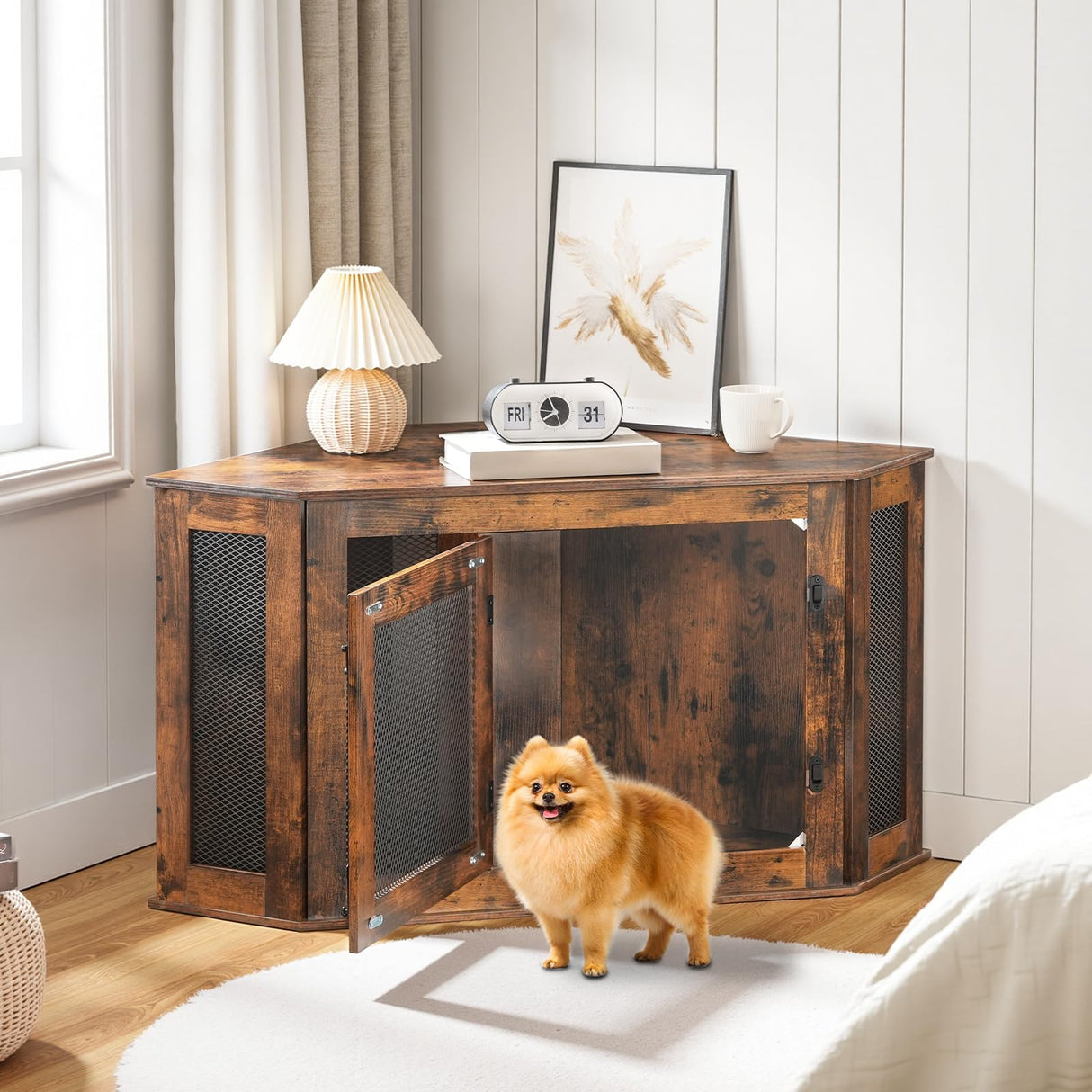 MAHANCRIS Corner Dog Crate Furniture, Wooden Dog Kennel End Table, Decorative Pet Crate Indoor Use, Furniture Style Dog House for Small Medium Dog, Dog Cage TV Stand, Rustic Brown DCRB0801 MAHANCRIS