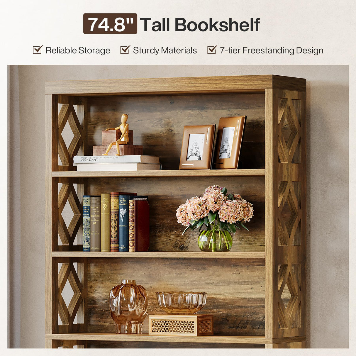 Tribesigns 74.8" Tall Bookcase, 7-Tier Industrial Bookshelf with Storage, Floor Standing Open Display Storage Shelves for Home Office, Living Room, Bedroom, Brown Tribesigns