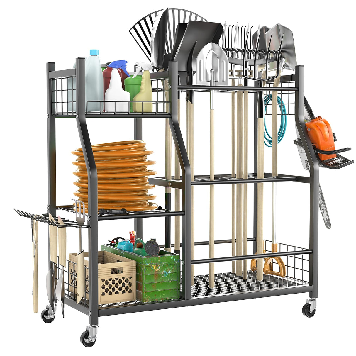 TORACK Garden Tool Organizer with Wheels, Rakes Shovels Yard Tools Stand for Garage, Shed, Garden, Indoor/Outdoor Long-Handled Tools Cart TORACK