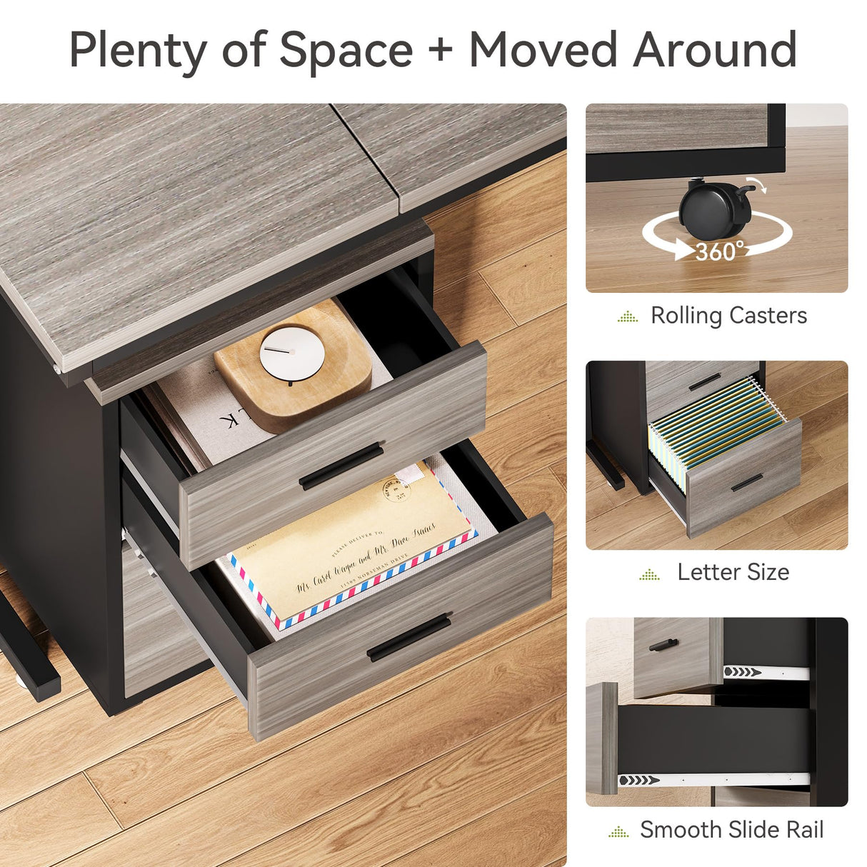LITTLE TREE 82.67" Long Executive Desk with Drawers, Large L-Shaped Office Desk with Mobile File Cabinet, Farmhouse Computer Office Furniture Work Desk with Storage for Home Office, Gray LITTLE TREE