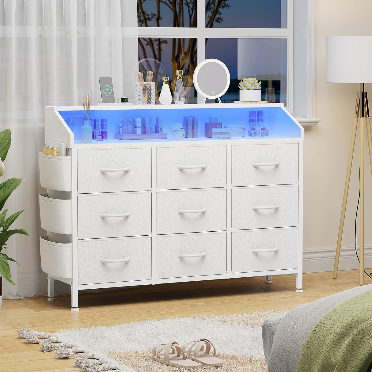 Lulive White Dresser for Bedroom 9 Drawers - Fabric Dressers for Bedroom with LED Light & Charging Station - Kids Adults Chest of Drawers for Living Room Hallway Closet Nursery (White) Lulive