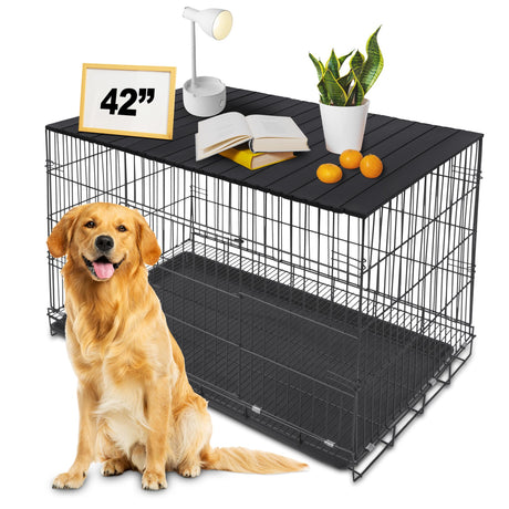 Petmystify Dog Crate Topper with Magnets for 42 Inch Crate - Aluminum Foldable Dog Kennel Topper Decorative Storage Pet Crate Table Black (Only Topper) Petmystify