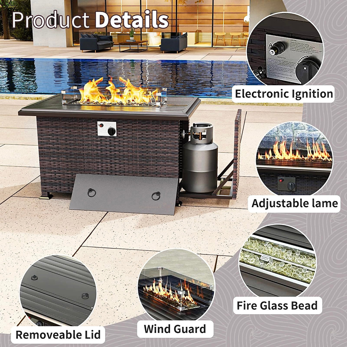 Gotland 13 Pieces Outdoor Patio Furniture Set with 2 Swivel Rocking Chairs&55,000 BTU Gas Fire Pit Table w/Glass Wind Guard Patio Conversation Sectional Sofa Sets-Blue Gotland