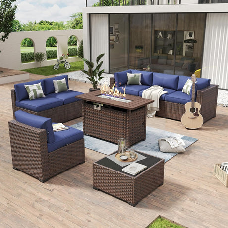Aoxun 8-Piece Outdoor Patio Furniture Set - 44” Fire Pit Table, Durable Wicker Rattan Sectional Sofa with Coffee Table, Comfy Thickened Cushions, Blue (Waterproof Cover Included) Aoxun