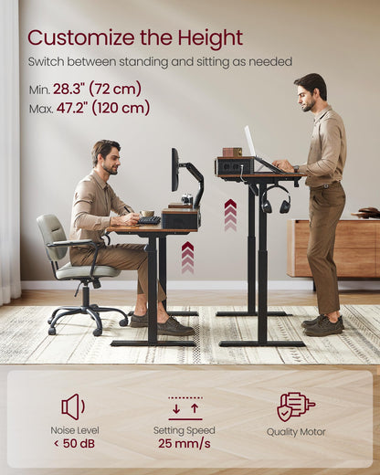 VASAGLE Electric Standing Desk with Drawers, Sit Stand Desk with Built-in Power Strip, Adjustable Height, 23.6 x 55.1 Inches, 2 Hooks, Memory Function, for Home Office, Rustic Brown ULSD184X2 - WoodArtSupply