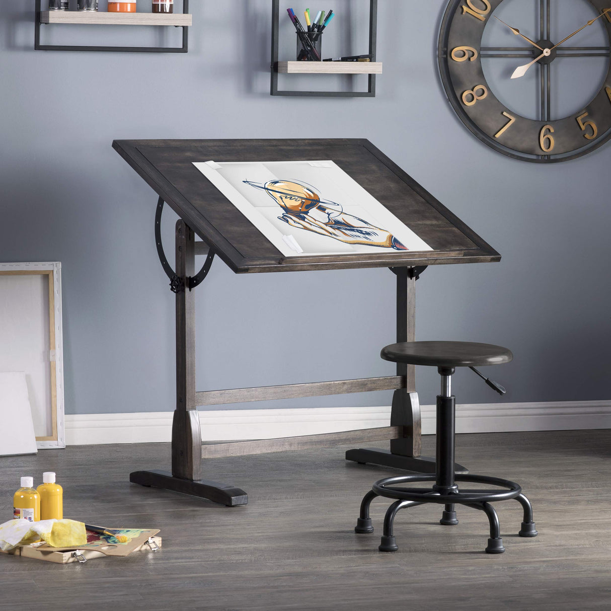 Studio Designs Vintage Drawing/Drafting Table with Pencil Ledge - 36" W x 24" D - Distressed Black - Adjustable Tilting Top SD STUDIO DESIGNS