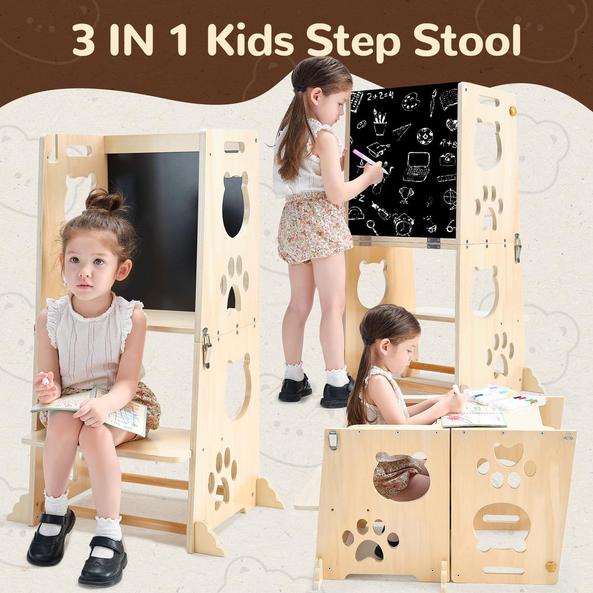 FOBIG Collapsible Toddler Kitchen Step Stool With Chalkboard, Safety Rail, and Standing Tower for Kids 1-3 FOBIG