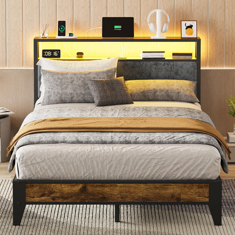 OLEVS Full Bed Frame with Headboard, Metal Platform Bed Full Size with 2-Tier Storage, LED Light & Charging Station Type C, No Box Spring Needed OLEVS