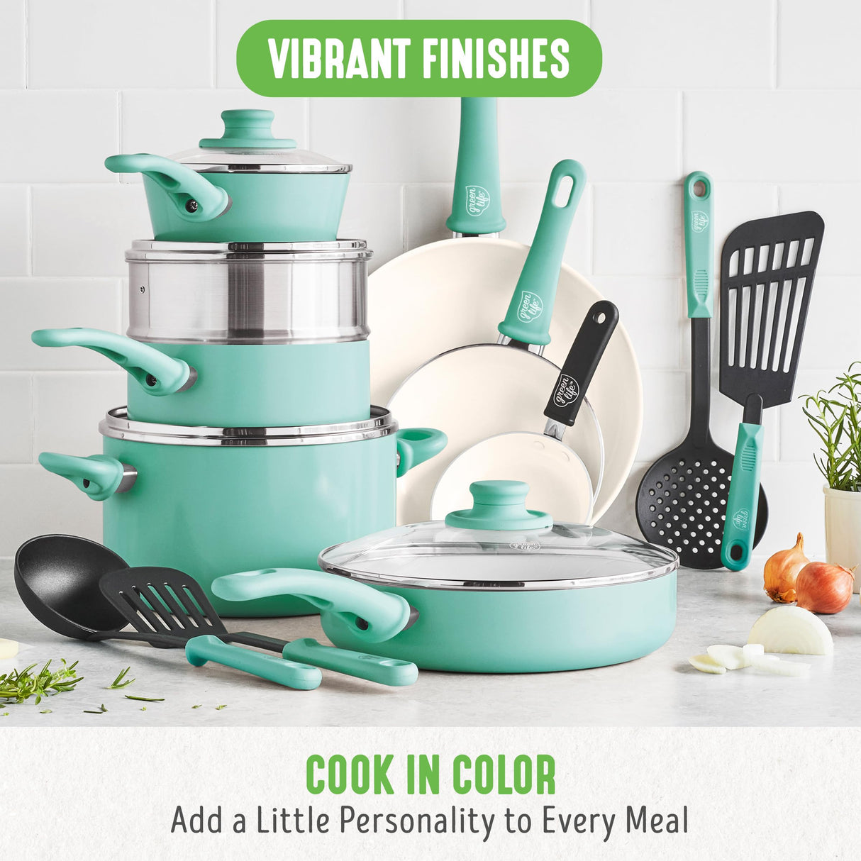 GreenLife Soft Grip 16 Piece Cookware Set, Non-Toxic PFAS-Free Ceramic Nonstick, Pots, Frying, Sauce, Saute, Glass Lids, Stay-Cool Handles, Wobble Free Bases, Dishwasher & Oven Safe, Turquoise GreenLife