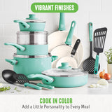 GreenLife Soft Grip 16 Piece Cookware Set, Non-Toxic PFAS-Free Ceramic Nonstick, Pots, Frying, Sauce, Saute, Glass Lids, Stay-Cool Handles, Wobble Free Bases, Dishwasher & Oven Safe, Turquoise GreenLife