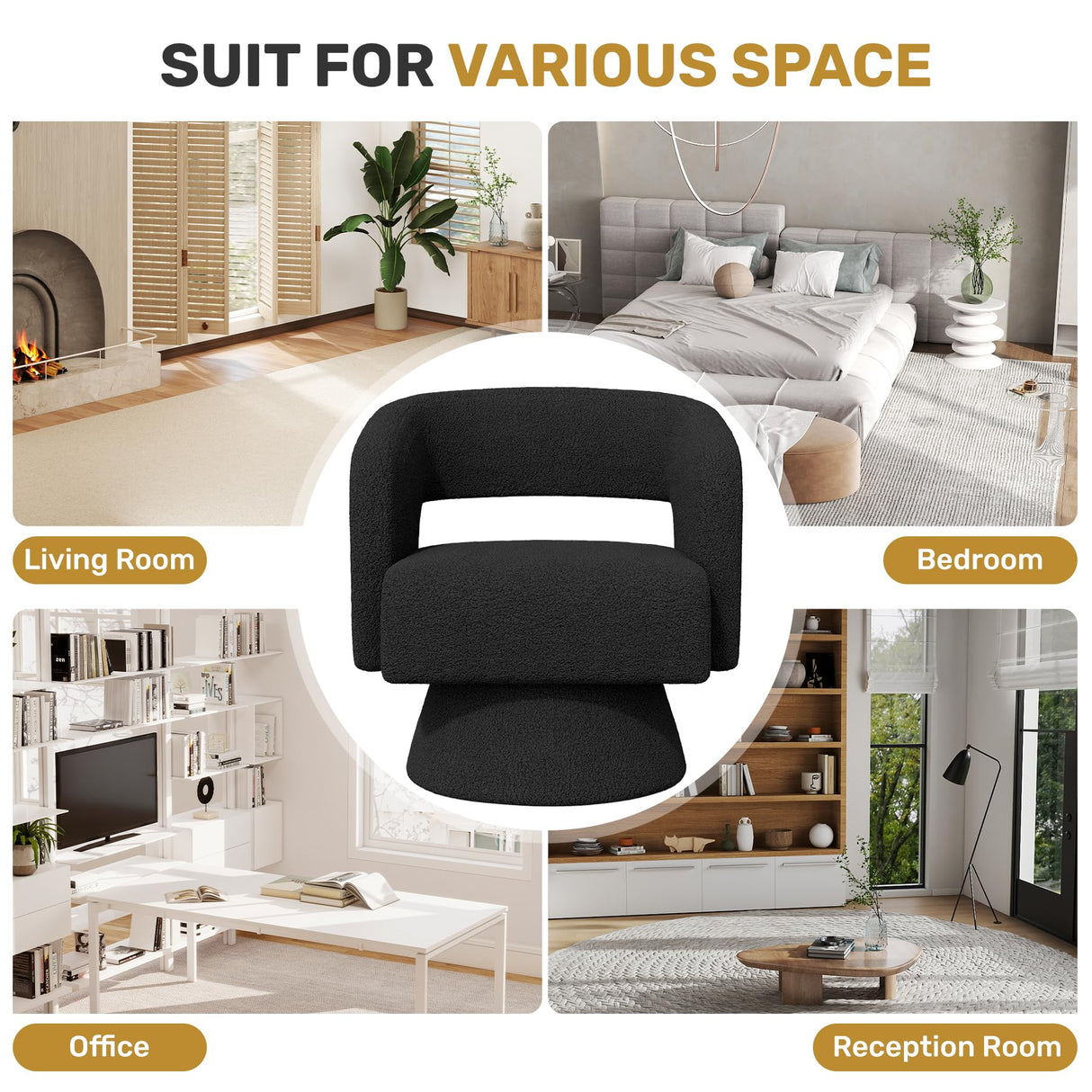 Nebuaegis Swivel Accent Chair Set of 2, Modern Comfy Teddy Barrel Chairs, Oversized Upholstered Round Arm Chair for Living Room, Bedroom, Reading Room, Black Nebuaegis