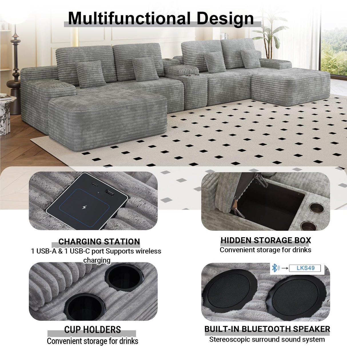 GUANGHONG 150 Inch U-Shaped Sectional Couch with Multi Functional Console, Oversized Modular Corduroy Sofa with 2 Ottomans, 5-Seater Modern Deep Seat Boneless Cloud Couch for Living Room, Light Gray GUANGHONG