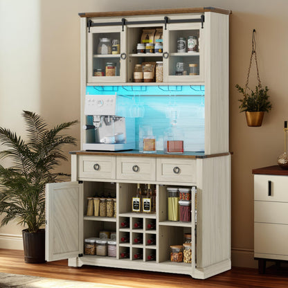 YITAHOME Farmhouse Kitchen Pantry Cabinet, 72" Tall Storage Cabinet with 3 Drawers,Bar Cabinet with Bottle Rack and Wine Glass Holder, Large Kitchen Buffet with LED Lights, Off White+Walnut Grain