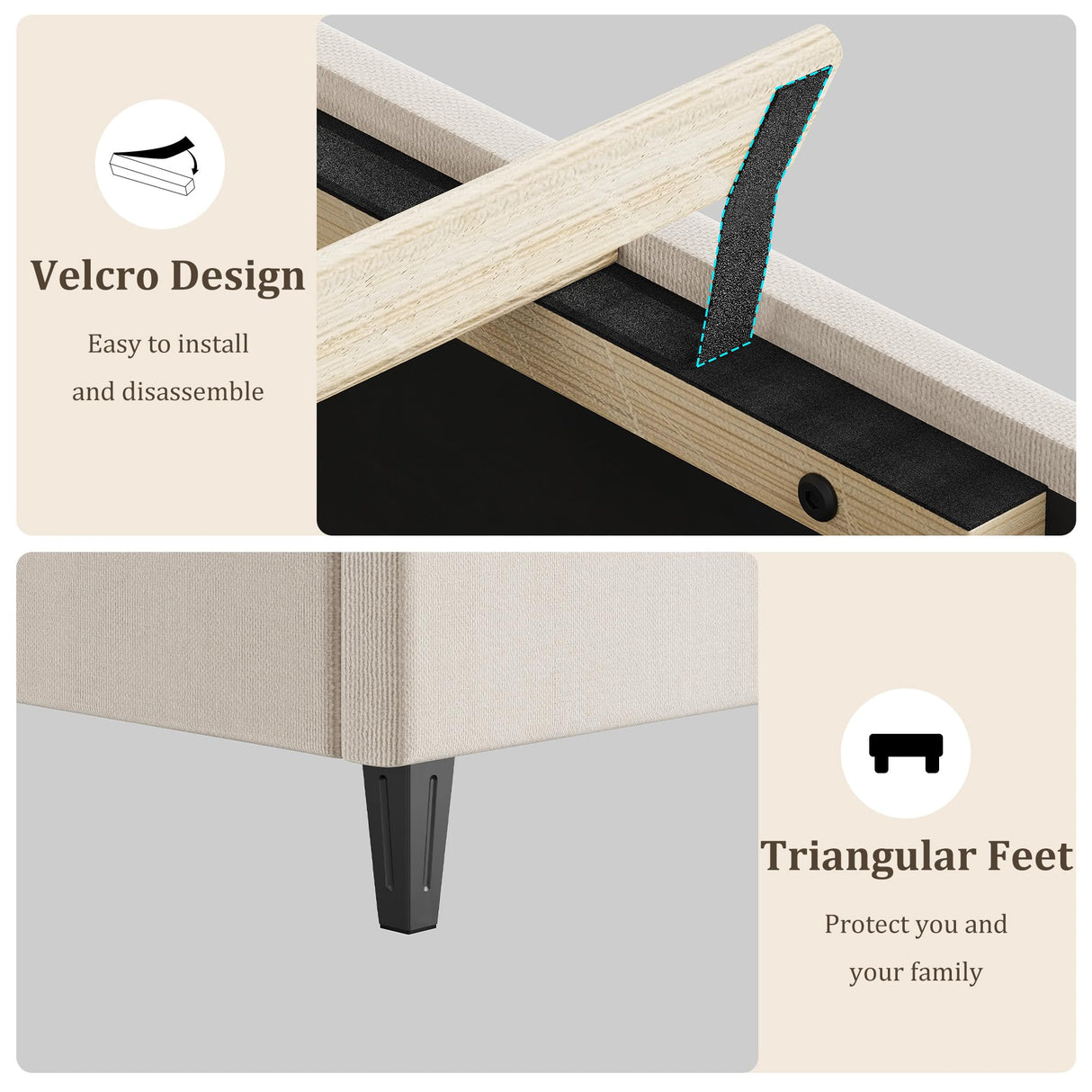 GAOMON Beige King Bed Frame with Upholstered Headboard, Heavy-Duty Platform Bed Frame with Strong Wood Slats, No Box Spring Needed/Noise Free/Easy Assembly GAOMON