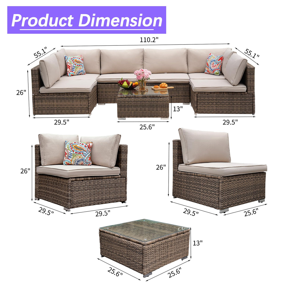 7 Piece Patio Furniture Set, Outdoor Couch Set—All-Weather Outdoor Furniture Sectional w Water Resistant Thick Cushions, Patio Sofa Set w 2 Extra Pillows and Coffee Table (Beige & Brown, 7PCS) Naga Bahna
