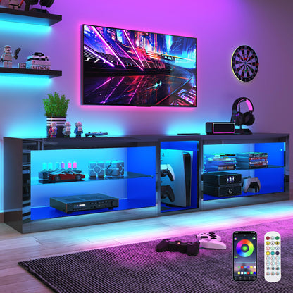 Vinctik 6&Fox 80in High Gloss LED TV Stands w/Power Outlet,60,000-Colors Lighting for 80 85 90inch TV,Modern Black LED Entertainment Center w/Adjustable Glass Shelves for Living Room