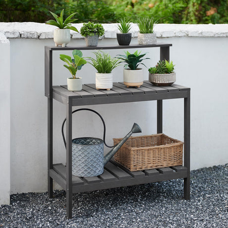 Psilvam Outdoor Poly Lumber Potting Bench, Polystyrene Garden Table with Storage Shelves, All-Weather Patio Work Station for Gardening(Grey) Psilvam