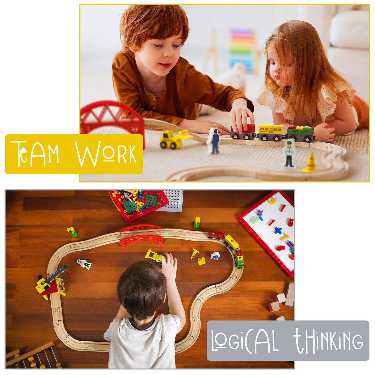 KipiPol Wooden Train Sets for Boys 2-4-7 – 38 Pcs Wood Train Set for Toddlers w/Crane, Bridge & Wooden Train Tracks – Train Toys for 3 Year Old Boys Kipipol