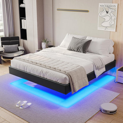 Hasuit Floating Full Size Bed Frame with LED Lights - Upholstered Platform Design in Black - WoodArtSupply