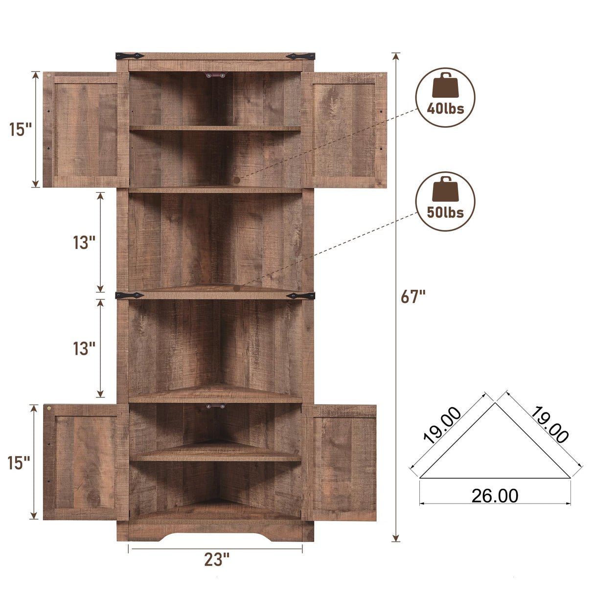 JXQTLINGMU Farmhouse Corner Cabinet, Tall Corner Bathroom Storage Cabinet with Barn Door & Adjustable Shelves, for Living Room, Kitchen,Utility Room (Rustic Brown) JXQTLINGMU