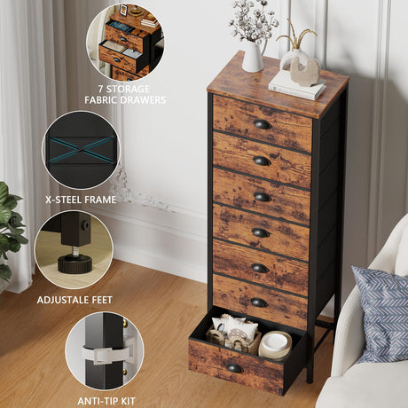 Furnulem Dresser with 7 Drawers,Tall Chest of Drawers Industrial Fabric Dresser for Bedroom,Vertical Storage Tower Bedside Furniture in Living Room,Closet,Entryway-Sturdy Steel Frame(Rustic Brown) Furnulem