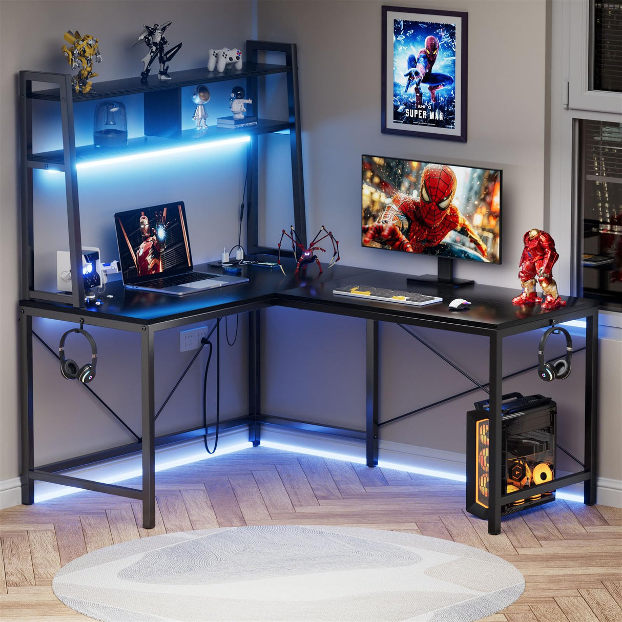 Flycity L Shaped Desk Gaming Desk, 50 Inch Corner Computer Desk with Electrical Outlet & LED Lights, L Shaped Gaming Desk with Storage Racks & Dual-End Hooks Adaptable to Home Office & Gaming, Black Flycity