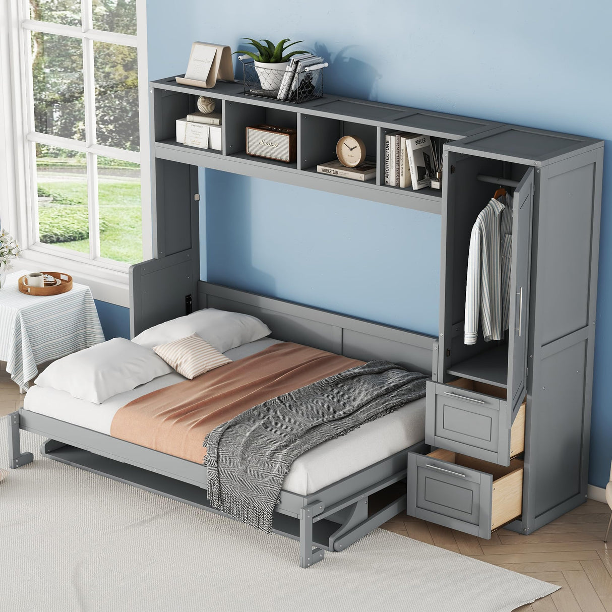 Harper & Bright Designs Full Size Murphy Bed Wall Bed with Closet and Storage Drawers, Shelf and Desk Space-Saving for Multipurpose Guest Room or Home Office, Gray Harper & Bright Designs