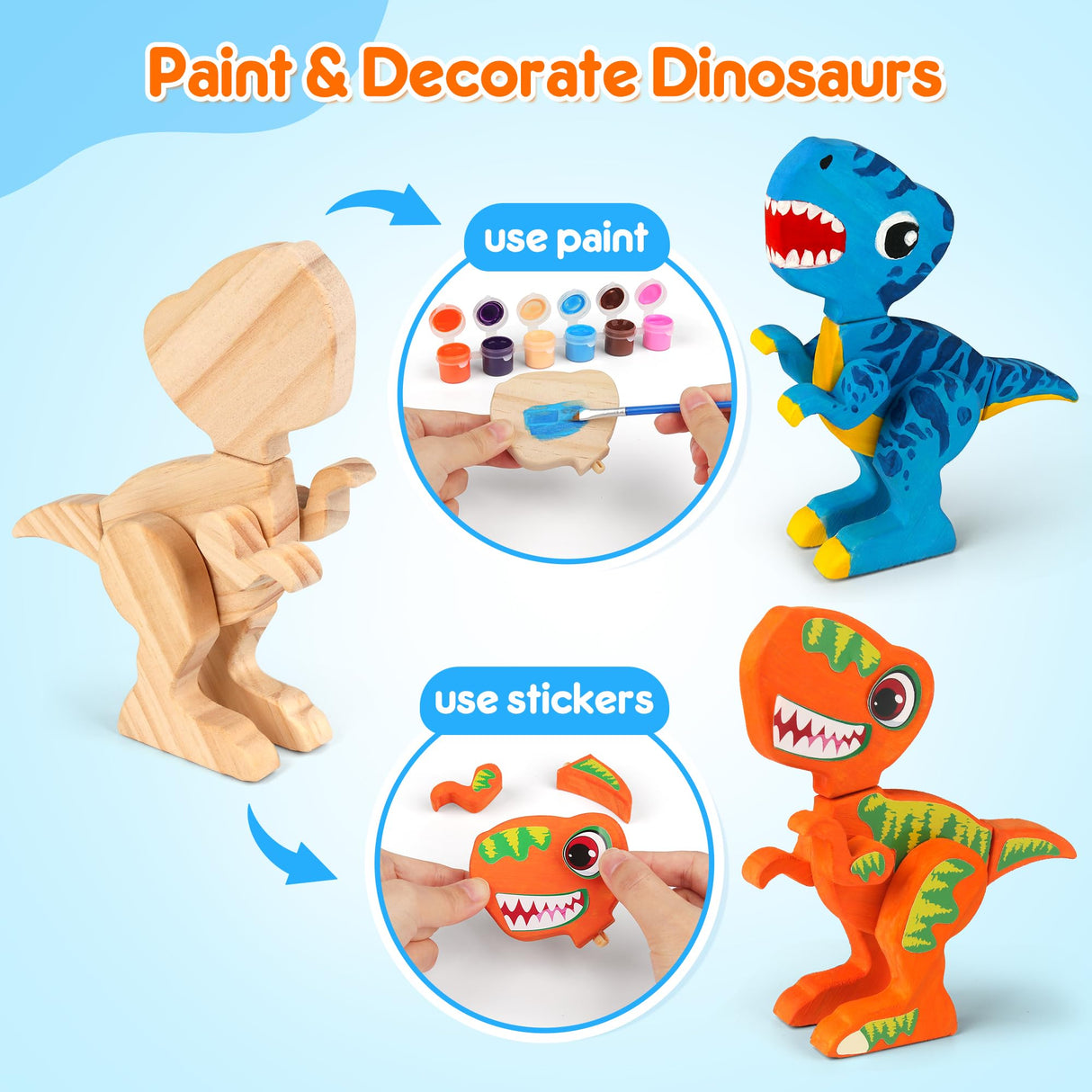 Mocoosy Wooden Dinosaur Painting Art Craft Kit for Kids 3-5, Build & Decorate Your Own Dino Crafts with Paint and Stickers, Wood Dinosaur T-Rex STEM Game Montessoi Toys Educational Gift for Boys Girls Mocoosy