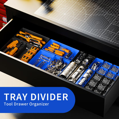 [5 Sizes] [69 PCS] Tool Drawer Organizer, Tool Box Organizer Tray, Desk Drawer Organizer Tray, Rolling Tool Chest Organizer, Toolbox Organizer (Black+Blue)