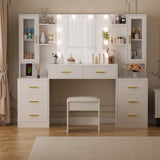 ANWBROAD 59.1" Large Vanity Desk Table with Mirror & Lights White Makeup Vanity with Power Outlet and 8 Drawers 2 Cabinets 3 Lighting Modes Adjustable Vanity Table for Bedroom Dressing Room UBDT67W ANWBROAD