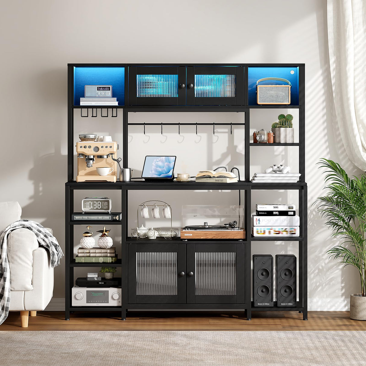 HOOBRO Bakers Rack with Power Outlet and LED Light, 59.1'' Industrial Microwave Stand, Coffee Bar Cabinet with Storage, Goblet Holder & 6-S Hooks, Kitchen Storage Shelf with Cabinet, Black BB17UDHB01 HOOBRO