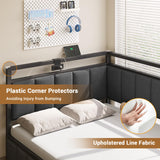 Hasuit Corner Bed Frame with Storage Drawers, Twin Daybed with Line Fabric Upholstered Fence, Kids Bed Unit with LED Light and Charging Station, Modern Bed Frame Twin Size, Gray Hasuit