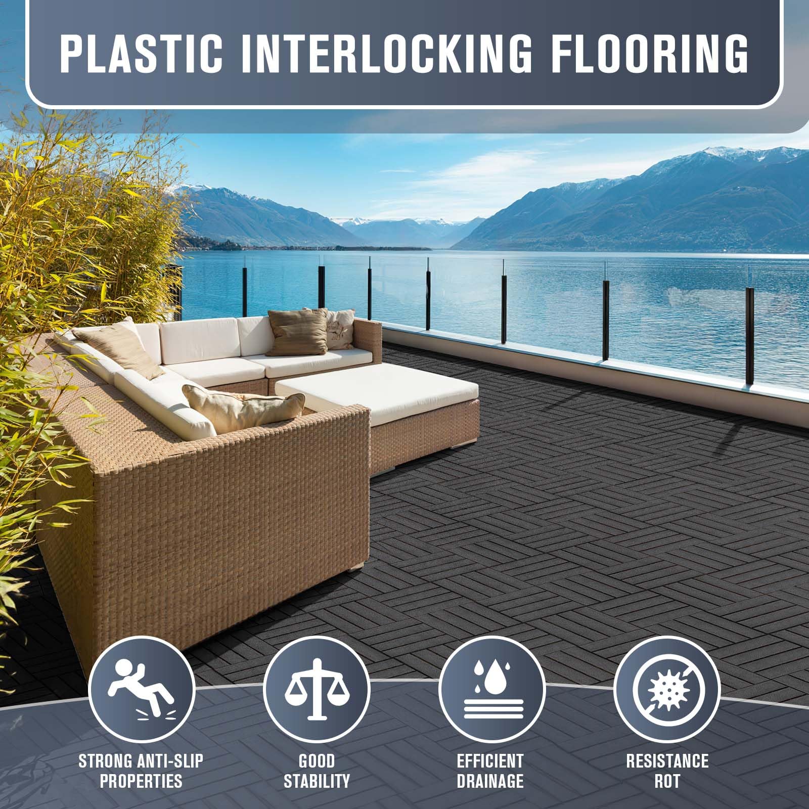 Interlocking Deck Tiles, 9 Pack Plastic Deck Tiles Outdoor Flooring Waterproof, 12"x12" Patio Flooring for Pool Porch Poolside Balcony Backyard Porch, Black - WoodArtSupply