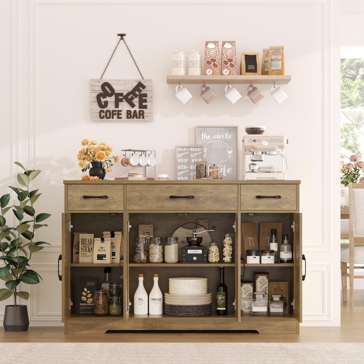 HOSTACK Buffet Sideboard Cabinet with Drawers, 55" Large Buffet Storage Cabinet with Shelves and Doors, Modern Farmhouse Coffee Bar Cabinet Wood Buffet Table for Kitchen, Dining Room, Rustic Brown HOSTACK