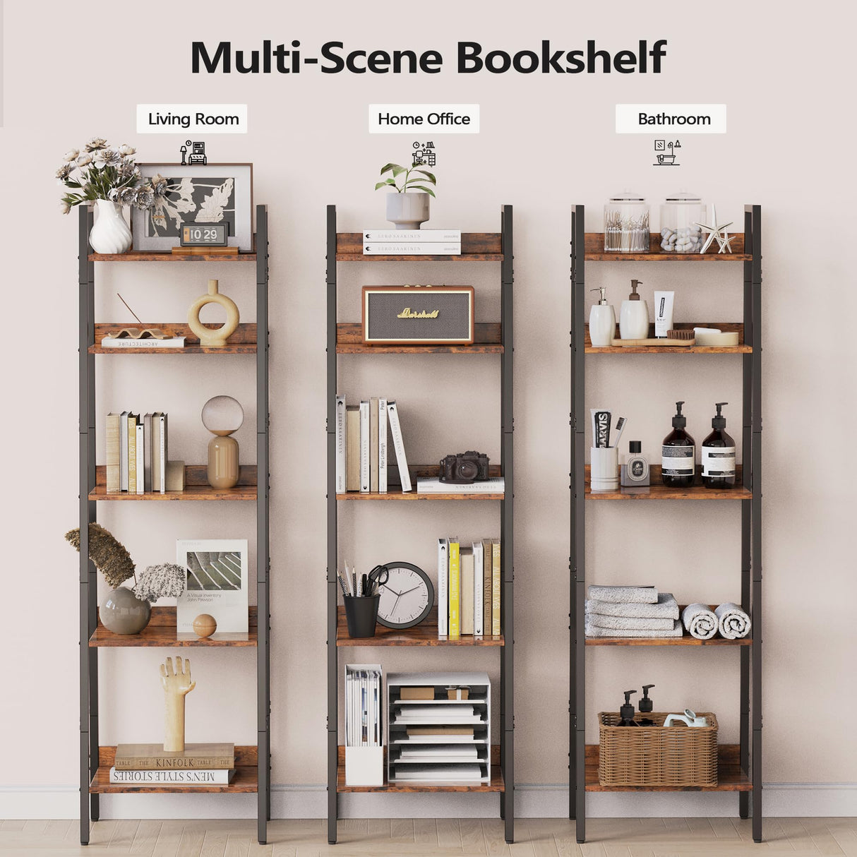 Bookshelf, Ladder Shelf with Steel Frame, 5-Tier Industrial Bookcase, Narrow Tiered Shelf for Small Space, Corner Shelf for Living Room, Home Office, Kitchen, Bedroom, Bathroom（Rustic Brown & Black） Homedawn