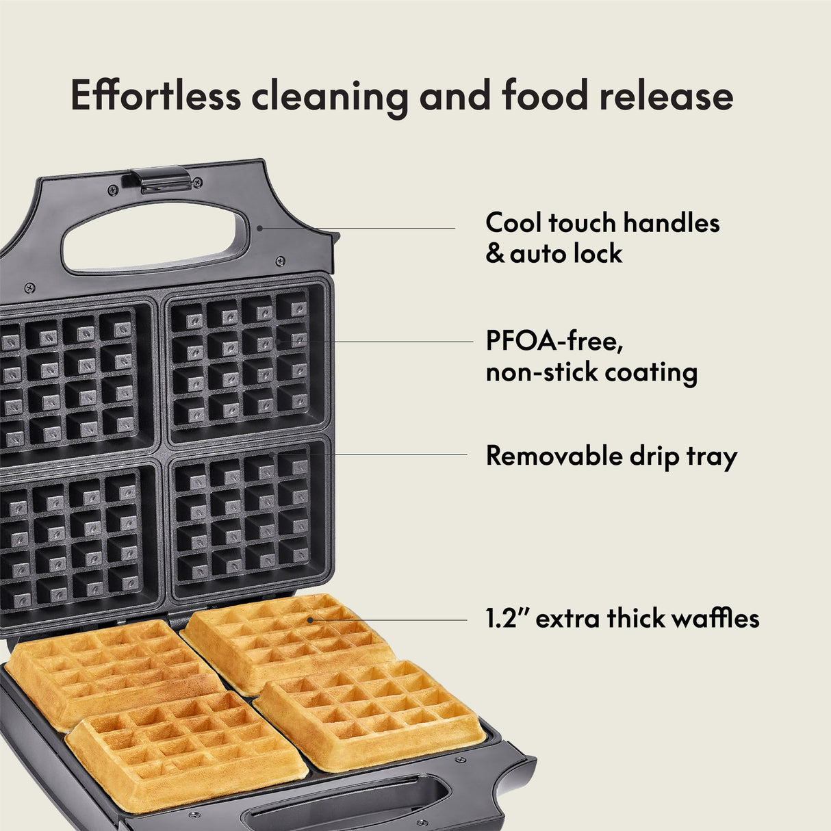 BELLA Classic Waffle Iron, 4 Square Belgian Waffle Maker, Non-stick Extra Large Plates for Easy Cleanup, Cool Touch Handles, Stainless Steel, Black, 1400W BELLA