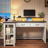 EnHomee 55" Computer Desk, L Shaped Desk with Drawers, Office Desk with Long Monitor Stand, Farmhouse Desk with Power Outlets & LED Lights, Home Office Desks for Bedroom with Storage Shelves EnHomee