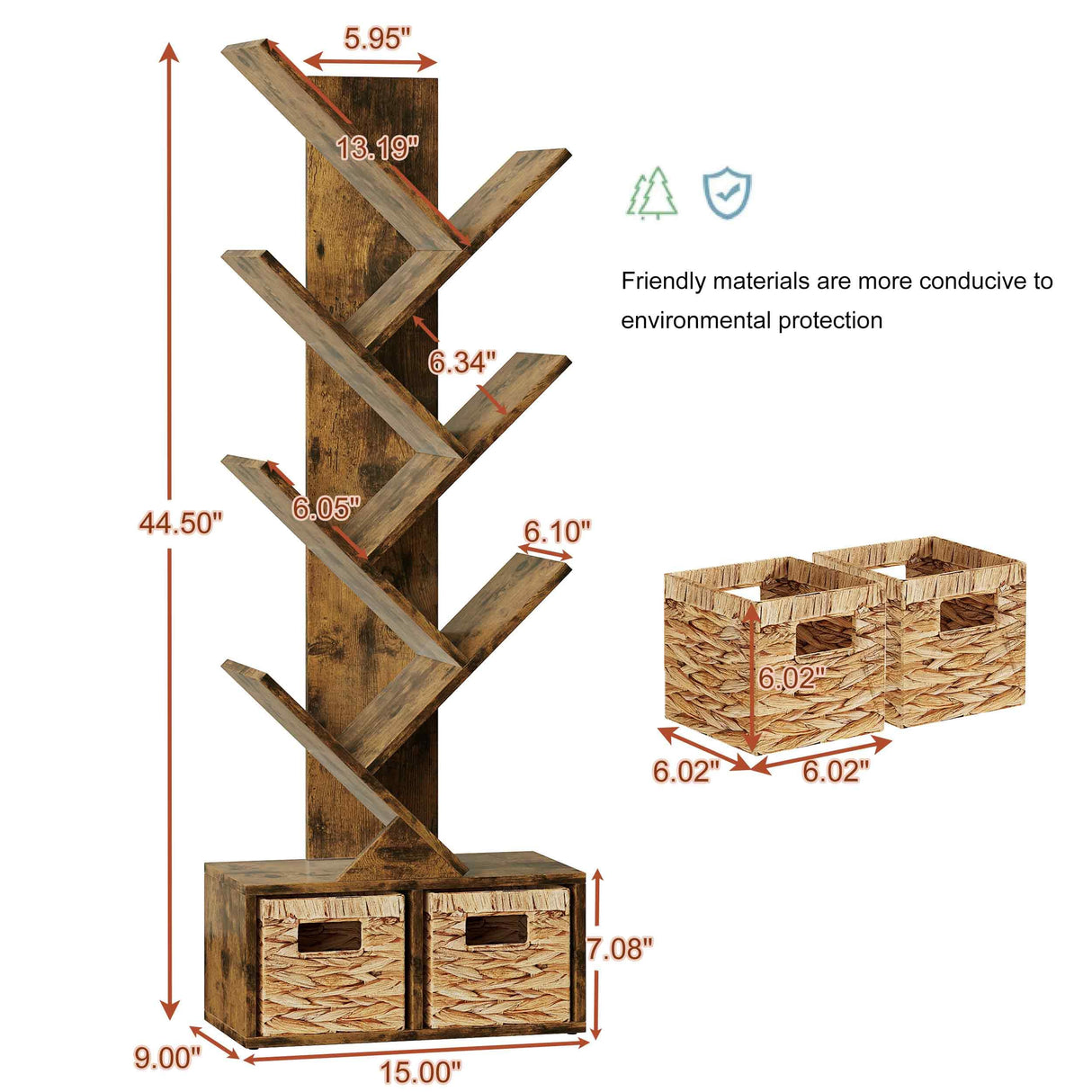 Vagusicc 6-Tier Retro Tree Bookshelf with Baskets - Elegant Floor Standing Bookcase for Home and Office Storage Vagusicc