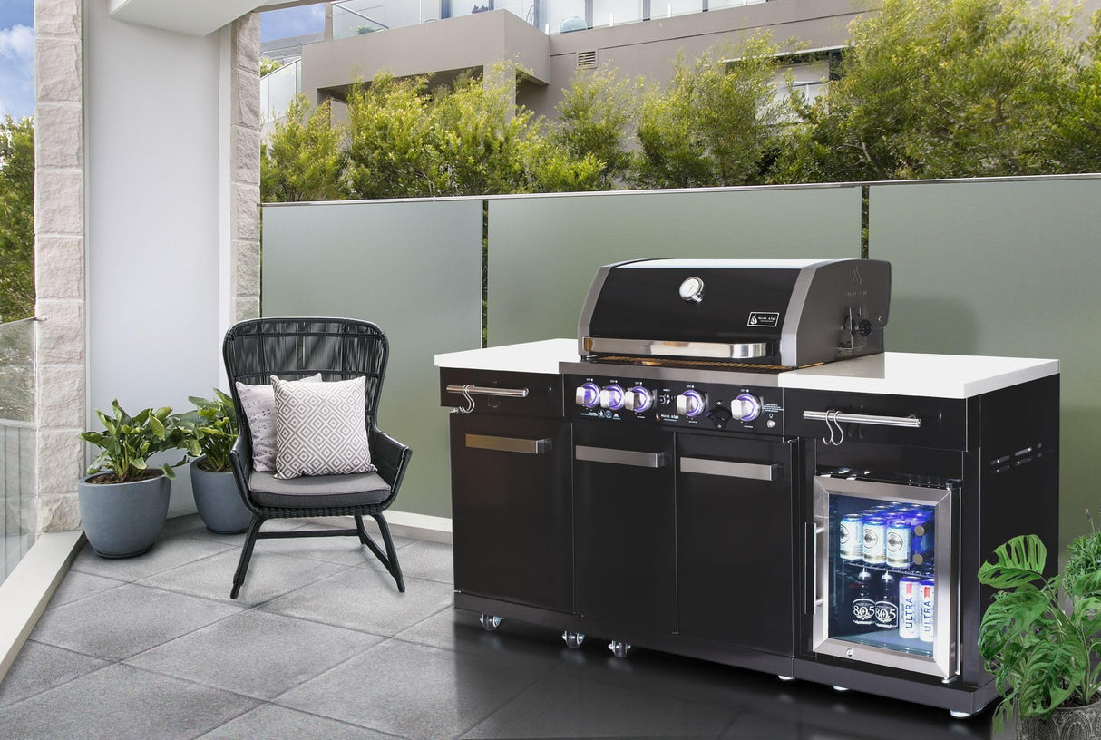 Mont Alpi MA-957FC 5-Burner 63000 BTU Black Stainless Steel Outdoor Kitchen Bar Gas Barbecue Island Grill with Infrared Rear Burner + Fridge Cabinet + Rotisserie Kit & Full Weather Cover Mont Alpi
