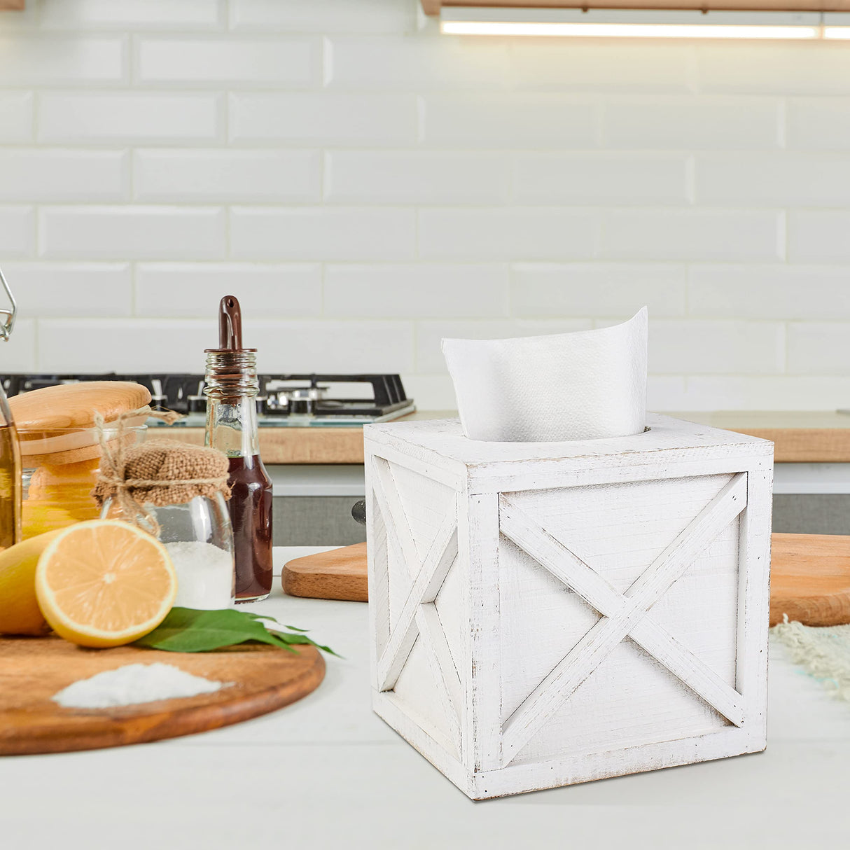Karisky Farmhouse Square Tissue Box Cover with Slide-Out Bottom Panel, Wood Rustic Paper Facial Tissue Box Cover Holder for Bathroom, Bedroom, Night Stands, Office, 6 x 6 inch, White Karisky
